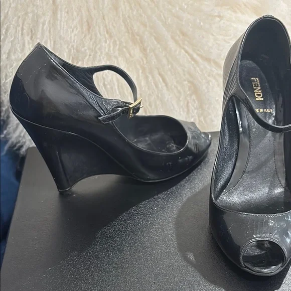 Fendi Black Patent Leather Peep-Toe Mary Jane Heels - Picture 2 of 7